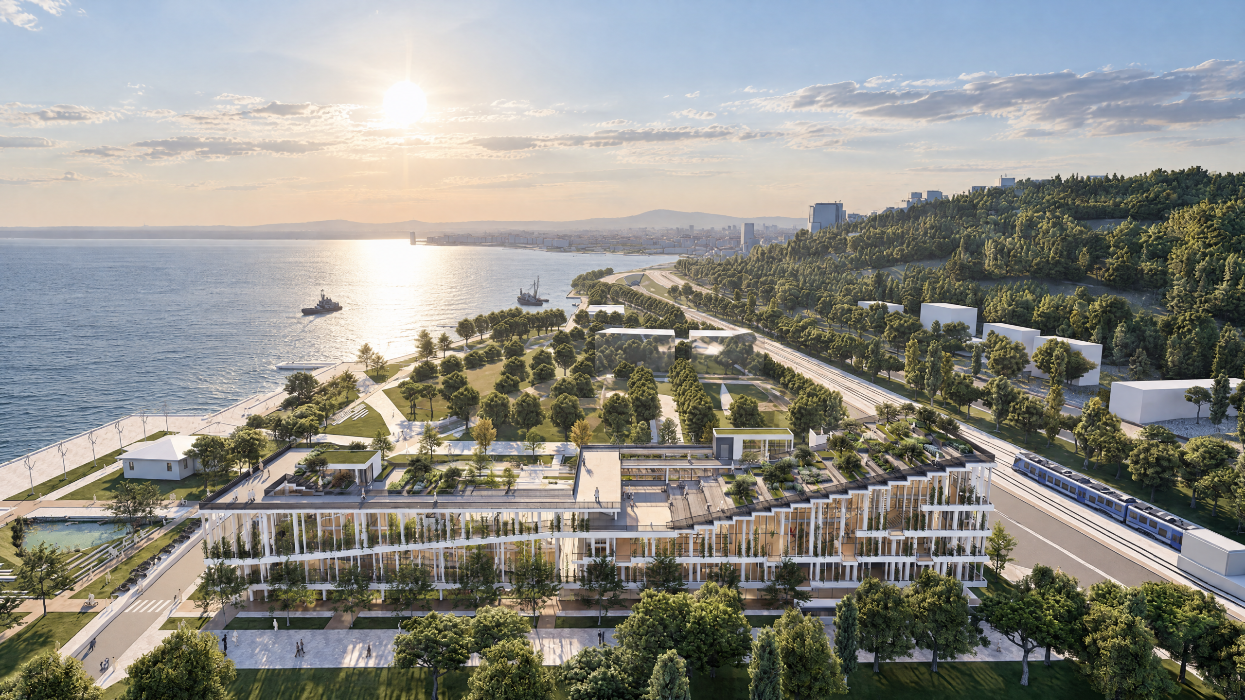 İzmir Sürdürülebilirlik Merkezi S-Hub, deniz ve yeşil çatılarla birlikte yapının genel görünümü
