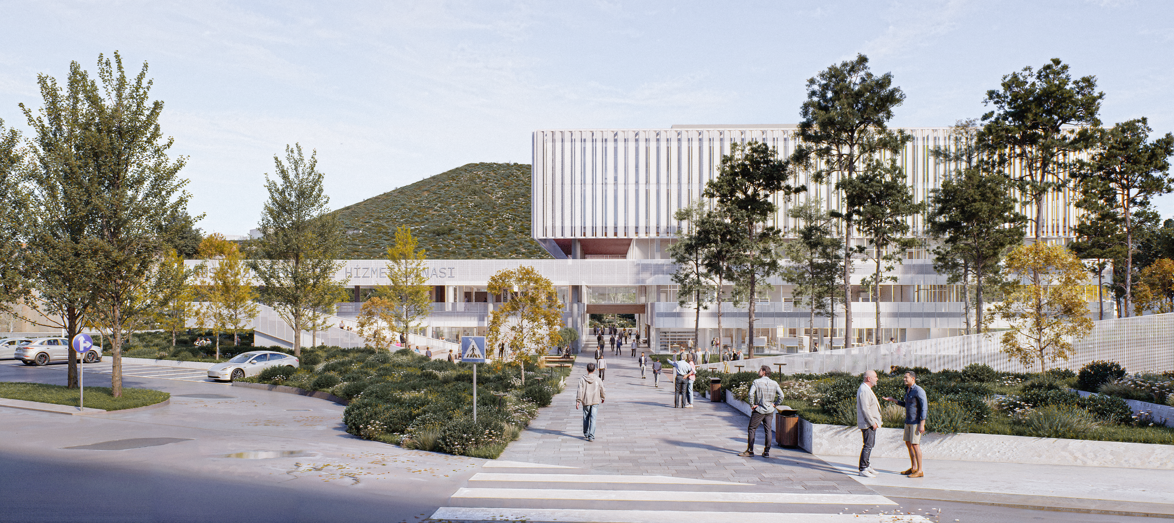 Kuşadası Belediyesi Hizmet Binası Mimari Proje Yarışması, giriş cephesi renderı