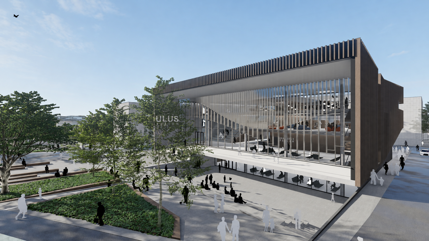 Ulus Modern Kültür ve Sanat Merkezi, cam cephe ve kamusal açık alanın genel görünümü